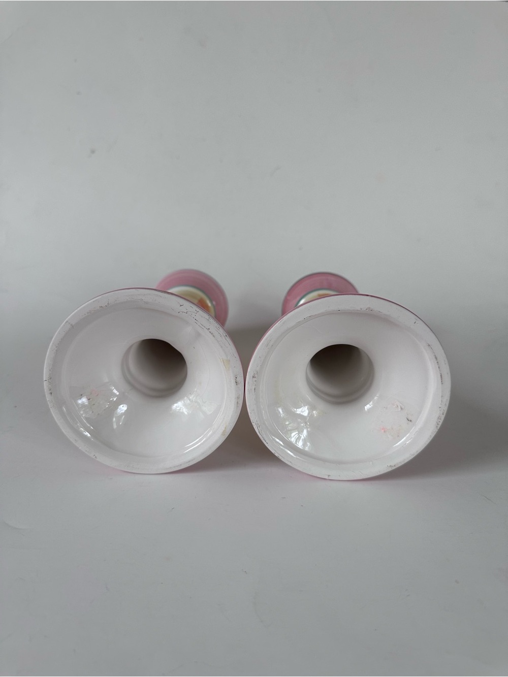 Hand-Painted Ceramic Candlestick Pair Pink Yellow Checkered Shabby Chic Cottage - Picture 5 of 8